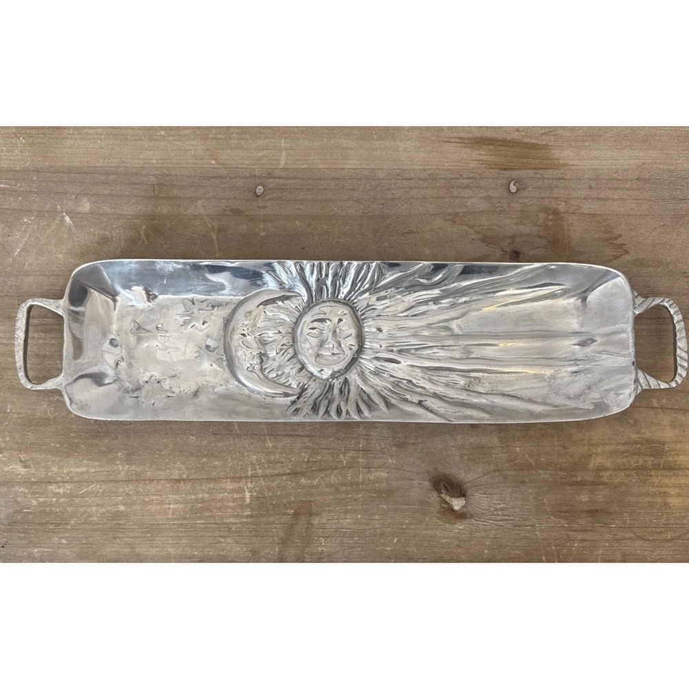 Vintage 90s Silver Metal Serving Cracker Tray Sun & Moon Eclipse Celestial Decor